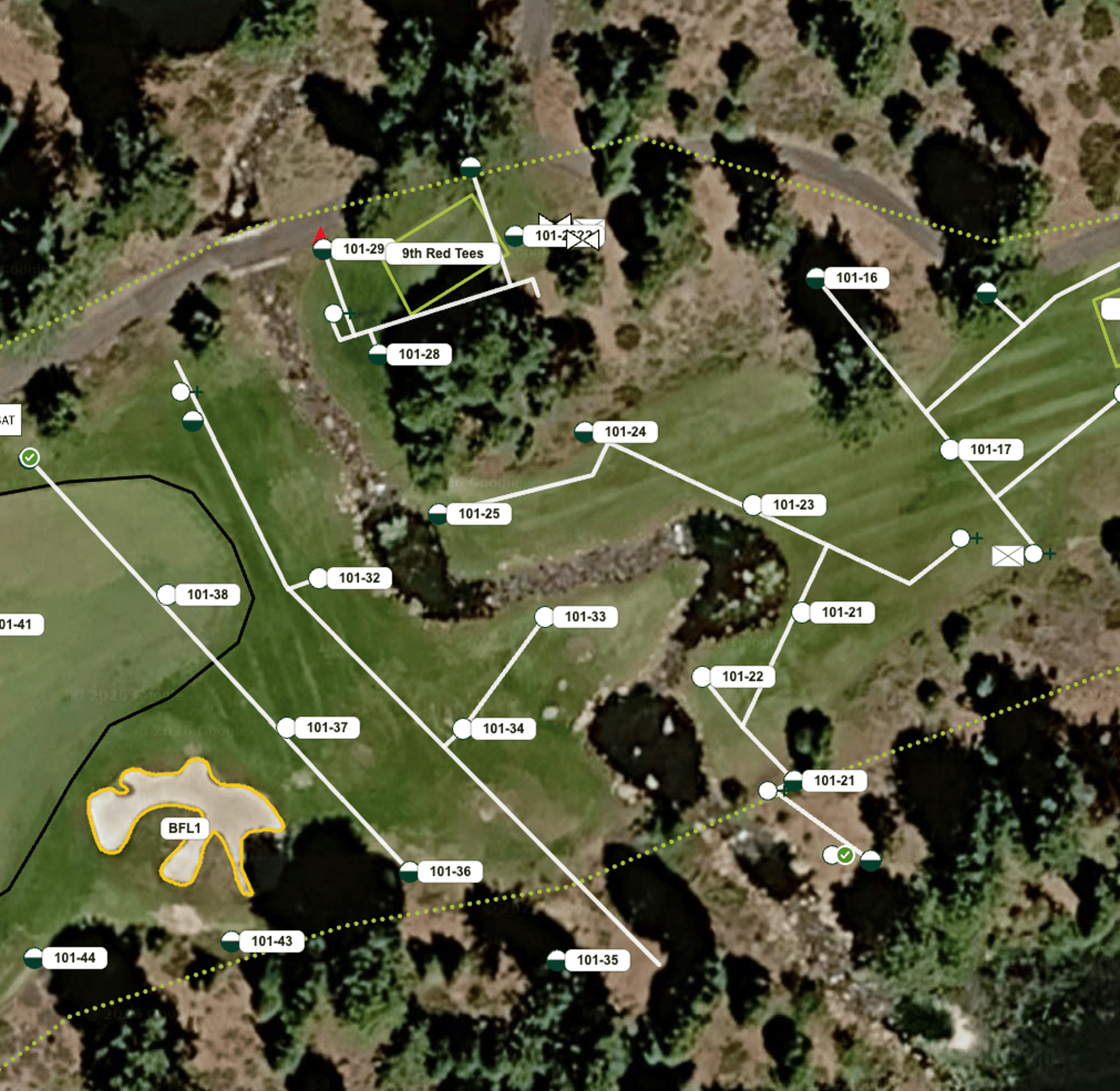 YardPro course map showing irrigation lines, markers, and drains across the holes